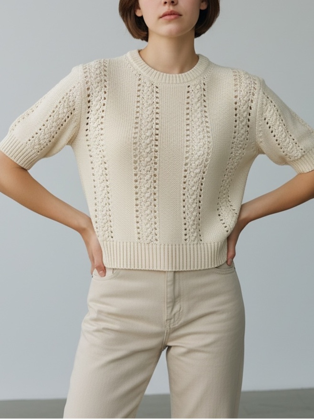 Zara Sweater Top Womens Ivory Short Puff Sleeve Crochet Open Knit